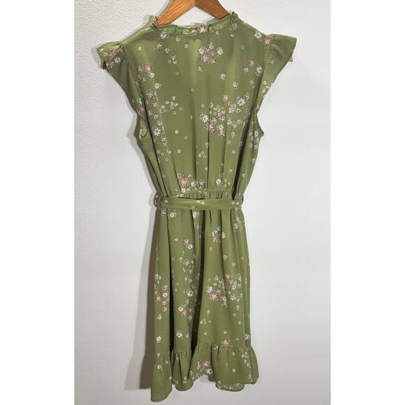 Monteau Floral Midi Dress L Green Button Front Belted Cottagecore Prairie - Picture 3 of 6